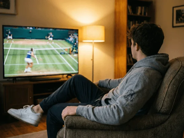 Aficionado viendo partido de tenis en pantalla de ordenador