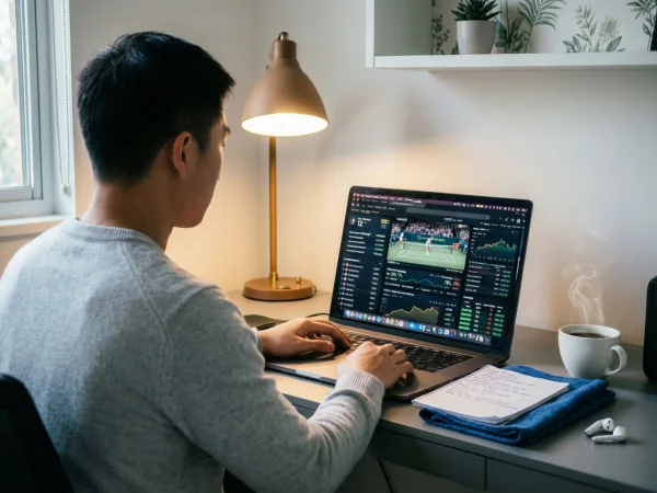 Persona analizando estadísticas de tenis en pantalla de ordenador portátil