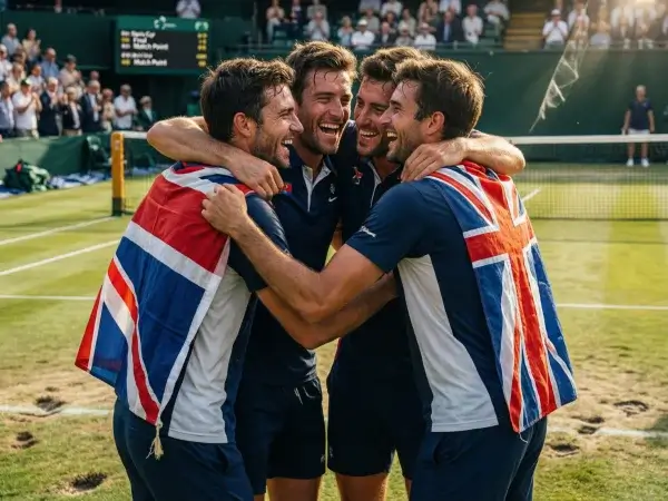 Equipo de tenis celebrando con bandera de su país