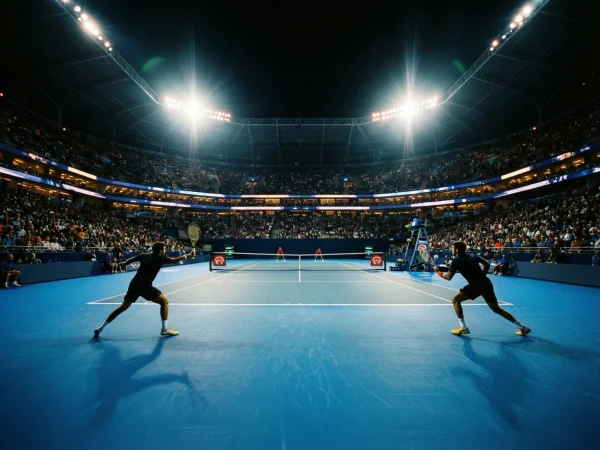 Partido de tenis en pista dura azul bajo luces del estadio