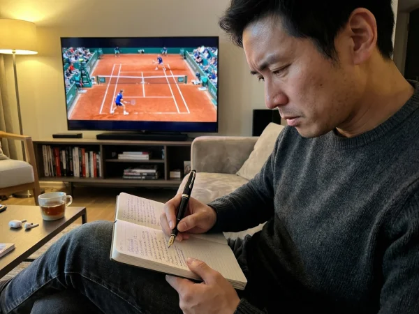 Persona tomando notas junto a televisión mostrando partido de tenis en directo