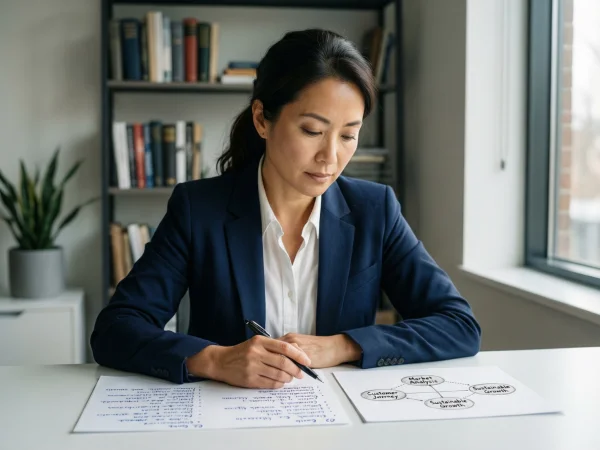 Persona planificando estrategia con notas y gráfico simple