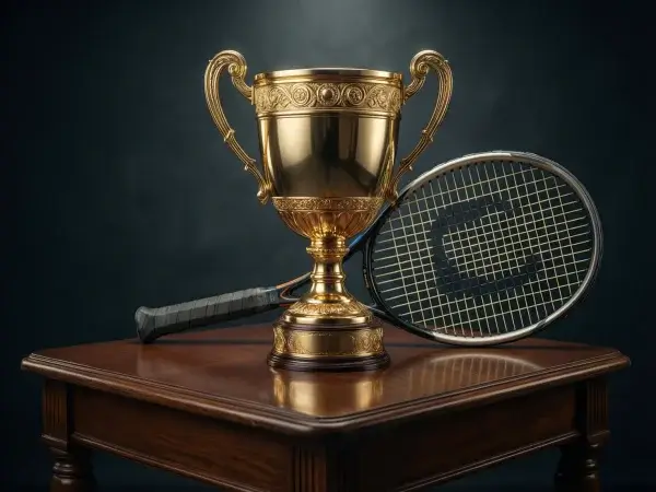 Trofeo de tenis dorado sobre mesa con raqueta