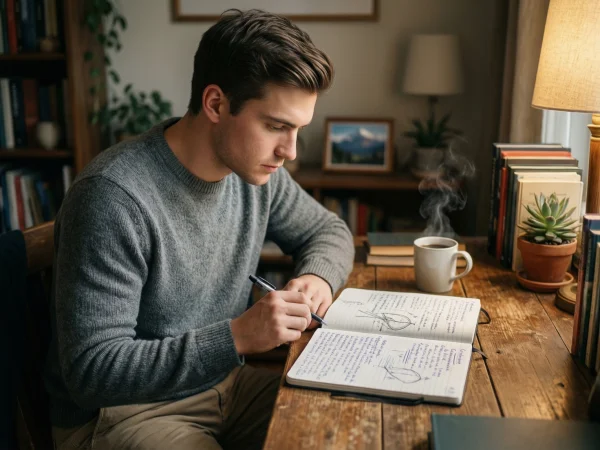 Persona estudiando conceptos de apuestas con libreta y bolígrafo