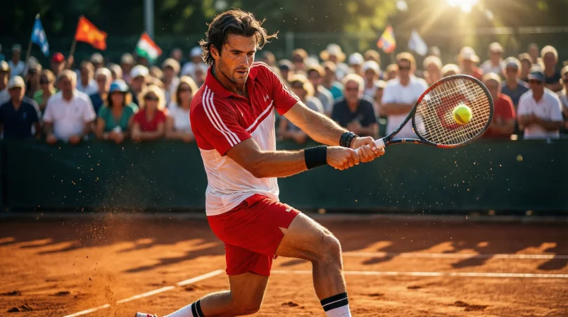Jugador de tenis profesional golpeando la pelota en pista de tierra batida con estadio lleno de aficionados