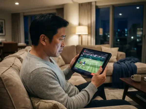 Persona viendo partido de tenis en directo con tablet