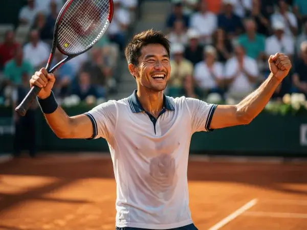 Tenista celebrando victoria con los brazos levantados