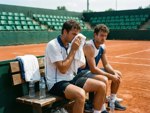 Jugadores de tenis en cambio de lado durante descanso