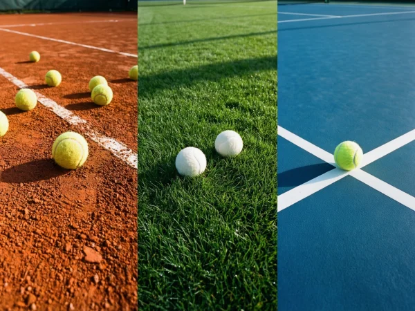 Vista dividida de tres superficies de tenis: tierra batida naranja, hierba verde y pista dura azul