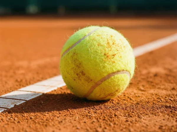 Pelota de tenis sobre superficie de tierra batida naranja
