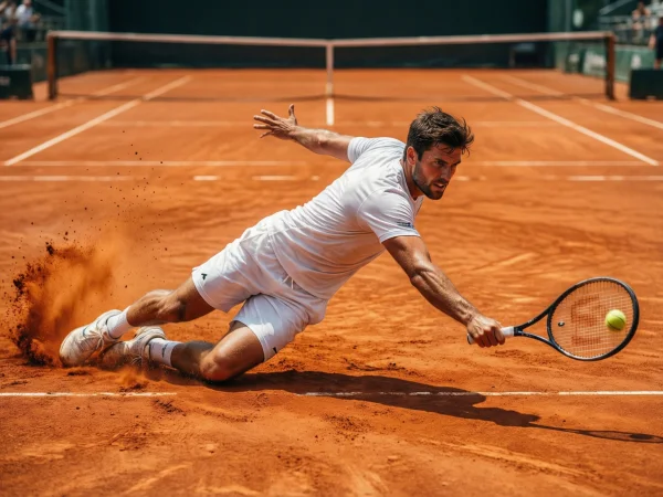 Tenista deslizándose en pista de tierra batida durante partido