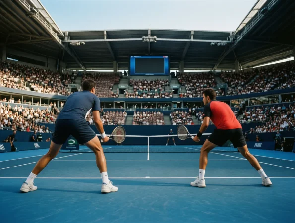 Partido de tenis en pista dura con marcador electrónico mostrando resultado del set