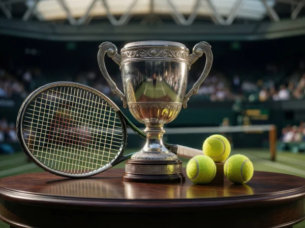 Trofeo de Grand Slam sobre mesa con raqueta de tenis y pelotas amarillas