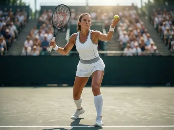 Jugadora de tenis profesional preparando un saque